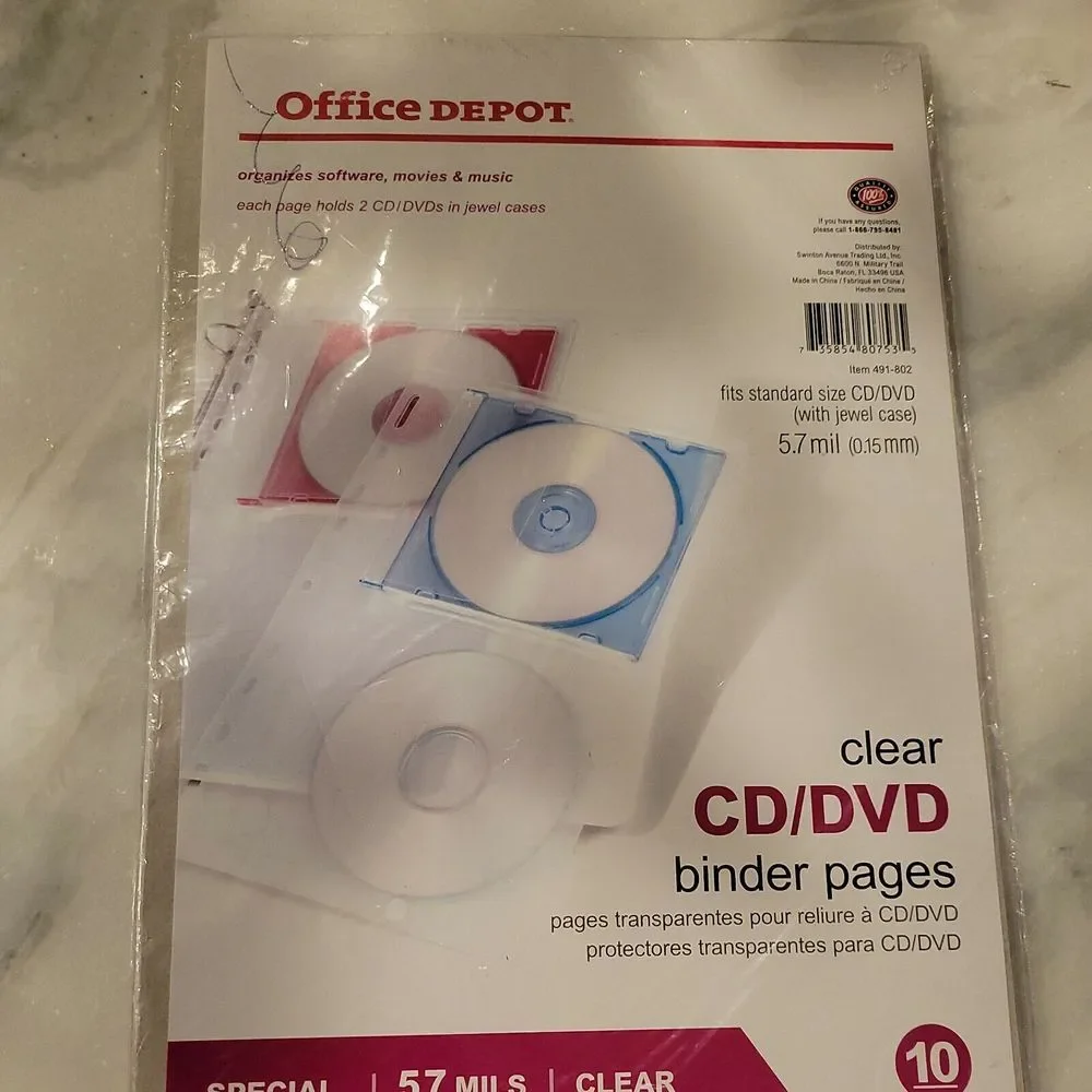 Office Depot Clear‎ CD/DVD Binder Page 10 Count 5.7 mils Thick New In Package